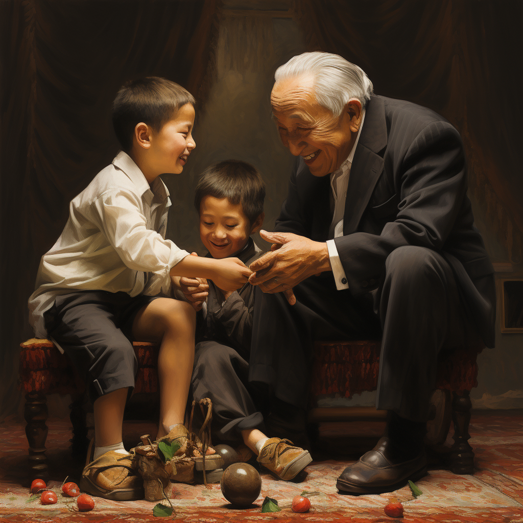 Children playing at the feet of an elderly man