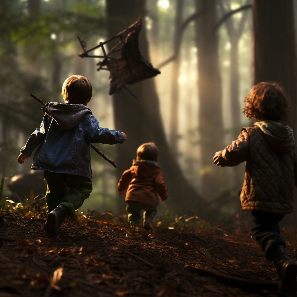 children playing in forest landscape