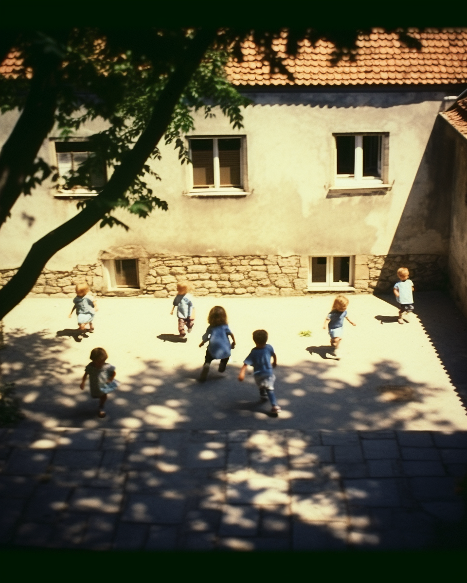 Children playing hopscotch in shaded courtyard