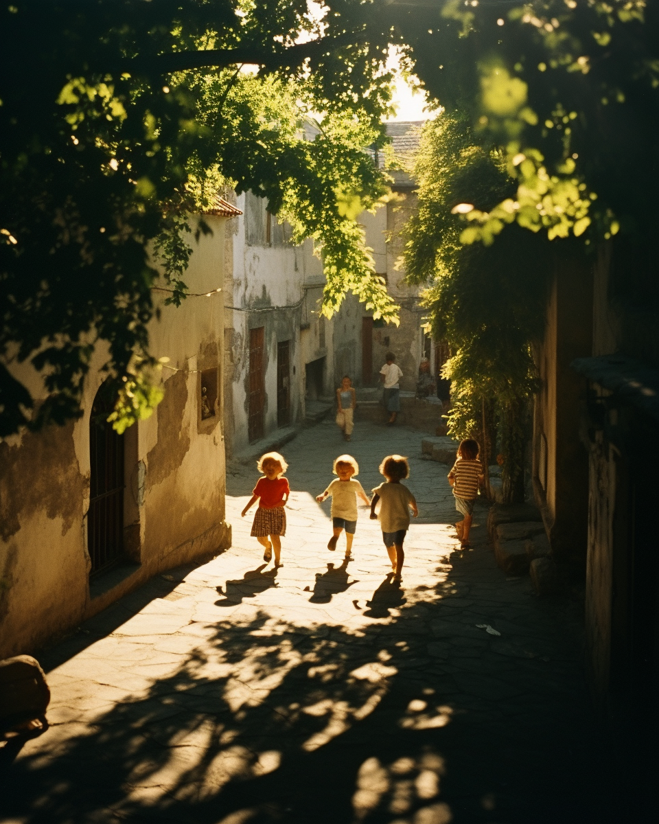 Children playing in shaded alleyway