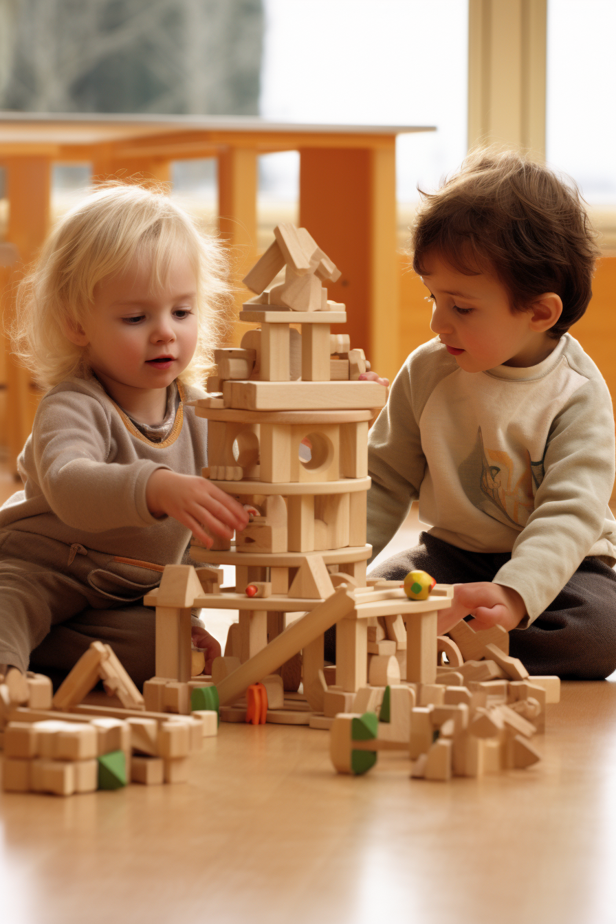 Children playing with wooden unit blocks