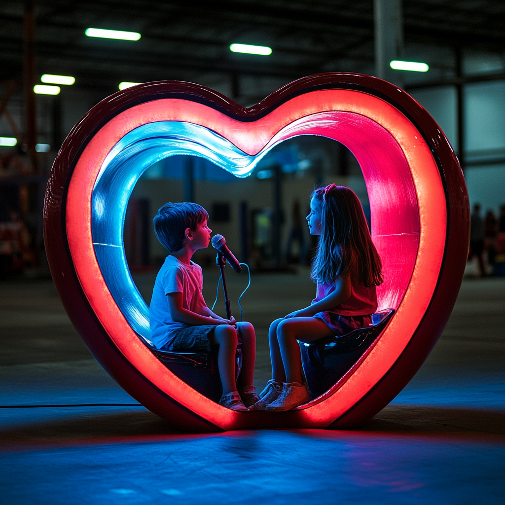 Children using microphone in heart-shaped pod cast