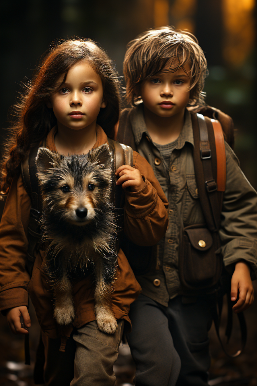 Children and puppies walking in the woods