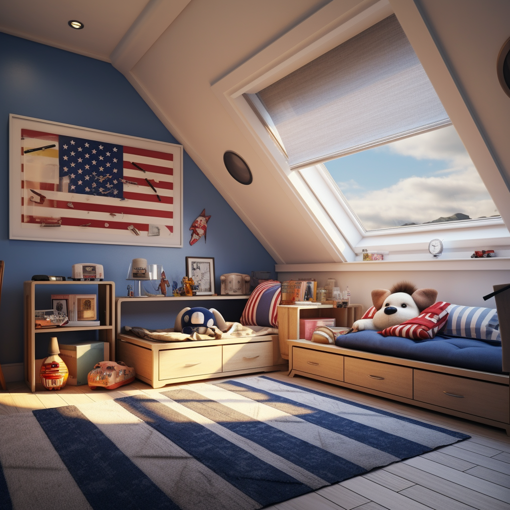 Children's room with American kids, dog, computer, and sky roof.