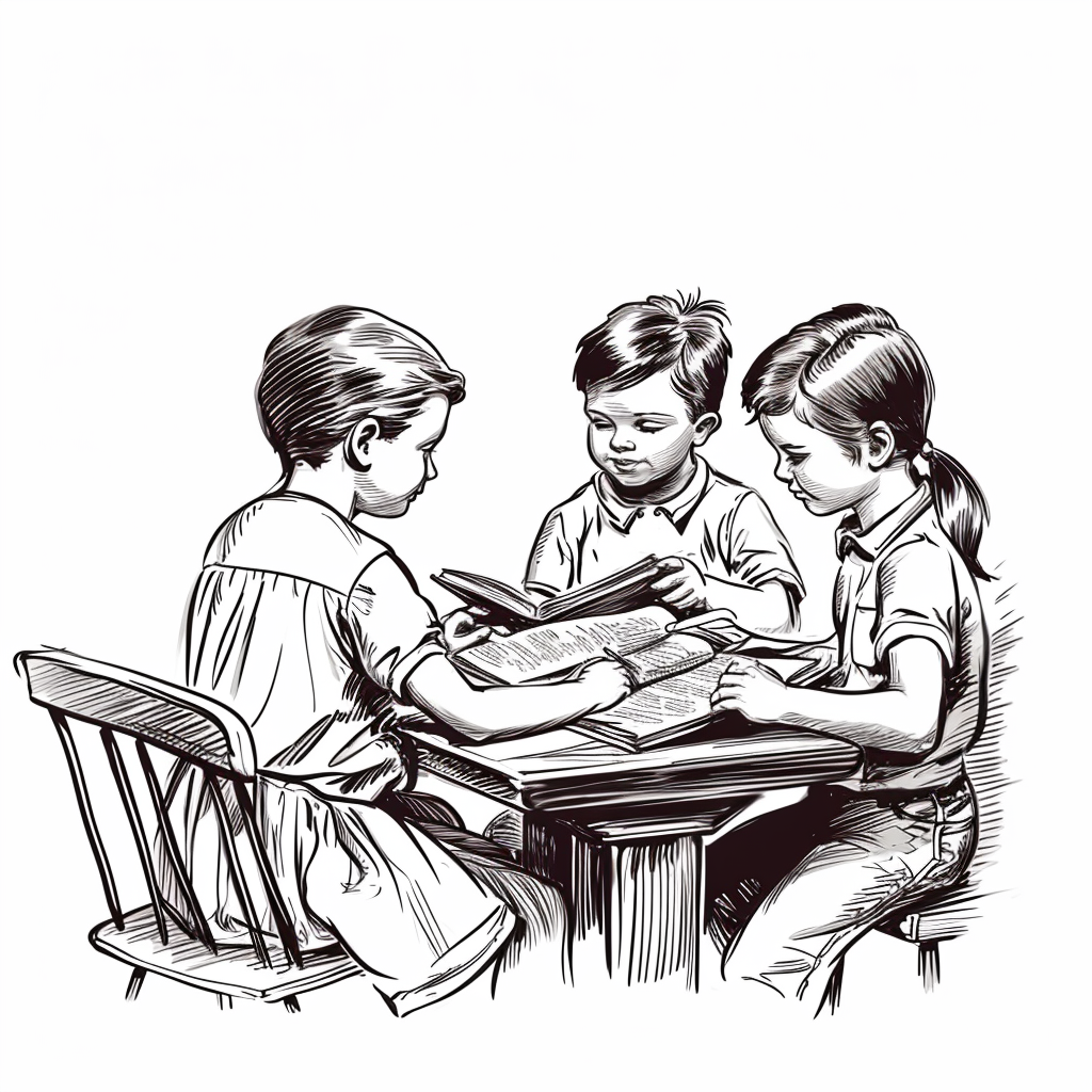 Children studying Bible on white background