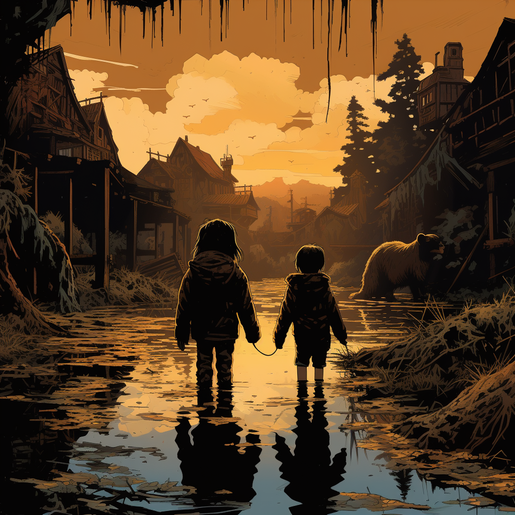 Two children walking in zoo - Mignola style