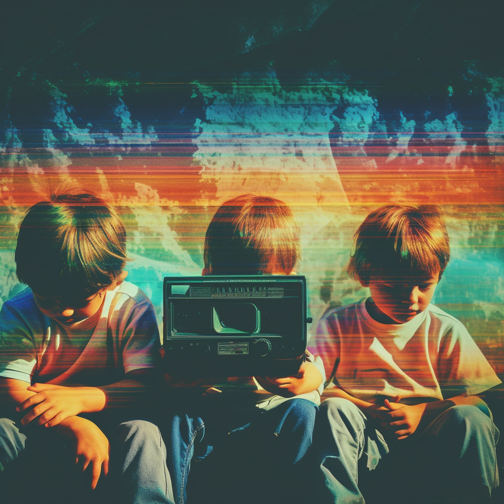 Children watching smartphones with old VHS camera