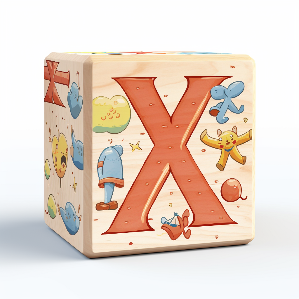 Cartoon-style wooden cube with letter X