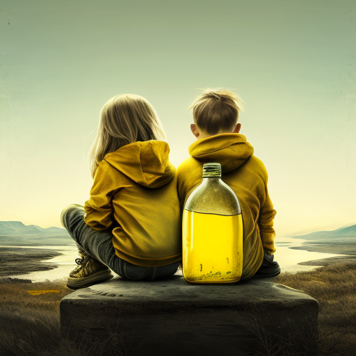 Two children in yellow bottle holding hands, admiring the view