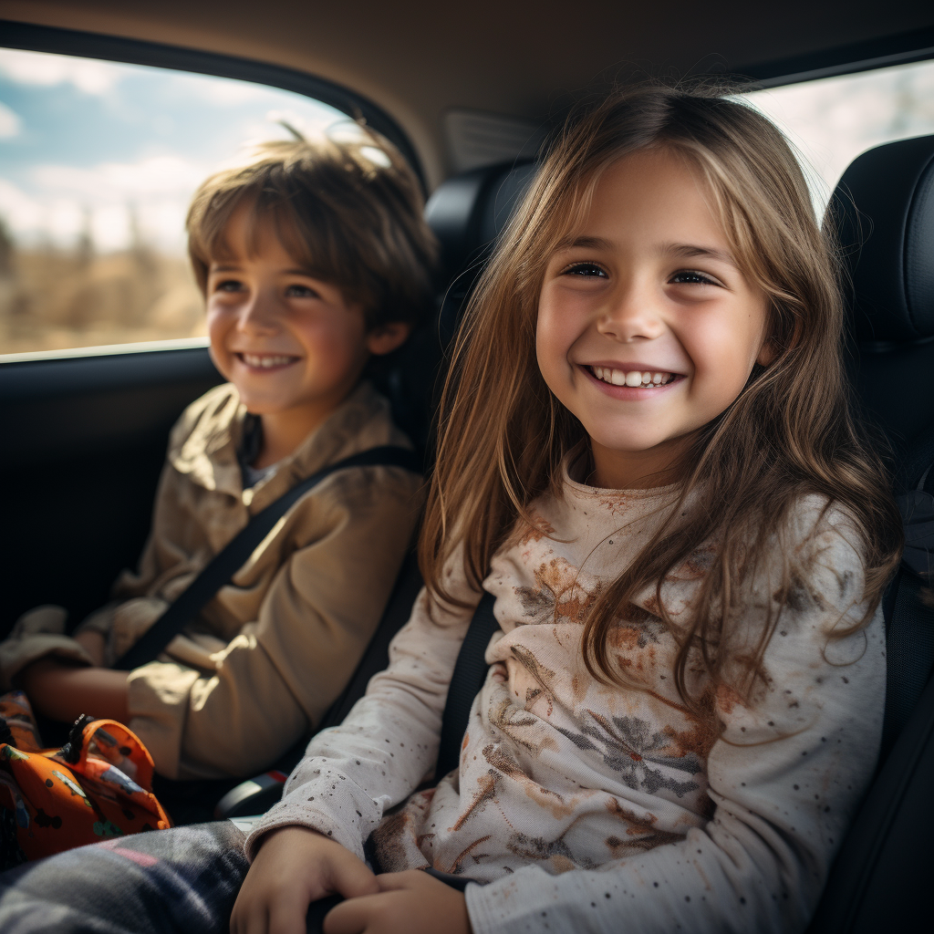 Two happy children in car with safety belts