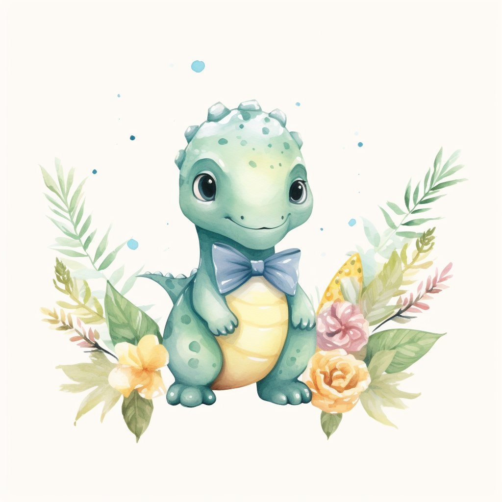 Female dinosaur wearing a bow with flowers and foliage