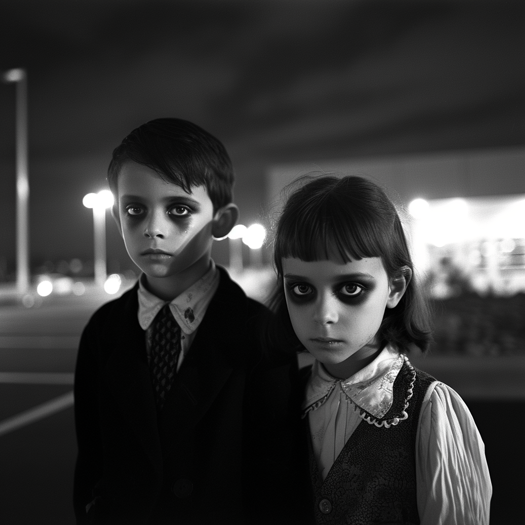 Children with pitch black eyes in formal attire at mall