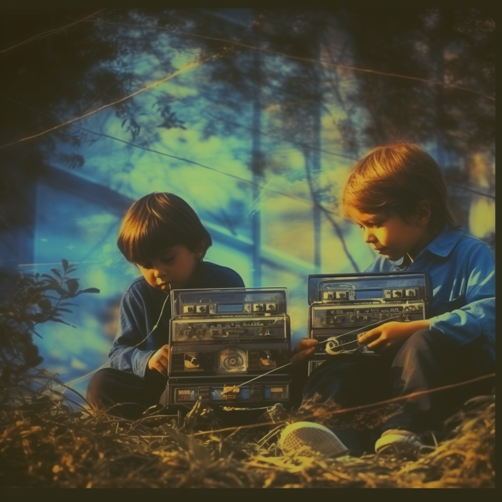 Children podcasting with VHS glitch texture