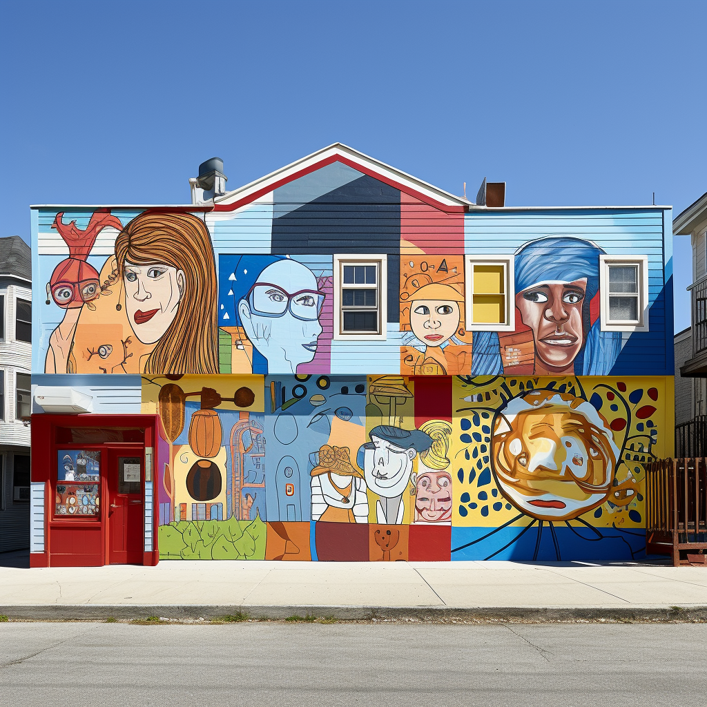 Children's artwork displayed on building exteriors