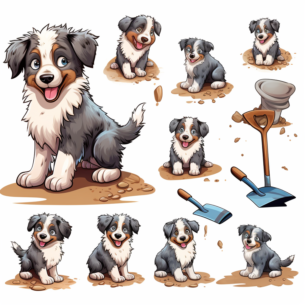 Blue Merle Australian Shepherd Digging Illustration