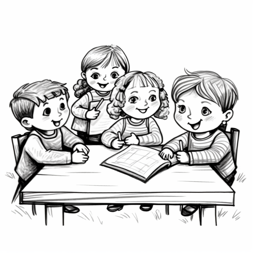 Five children drawing at a table