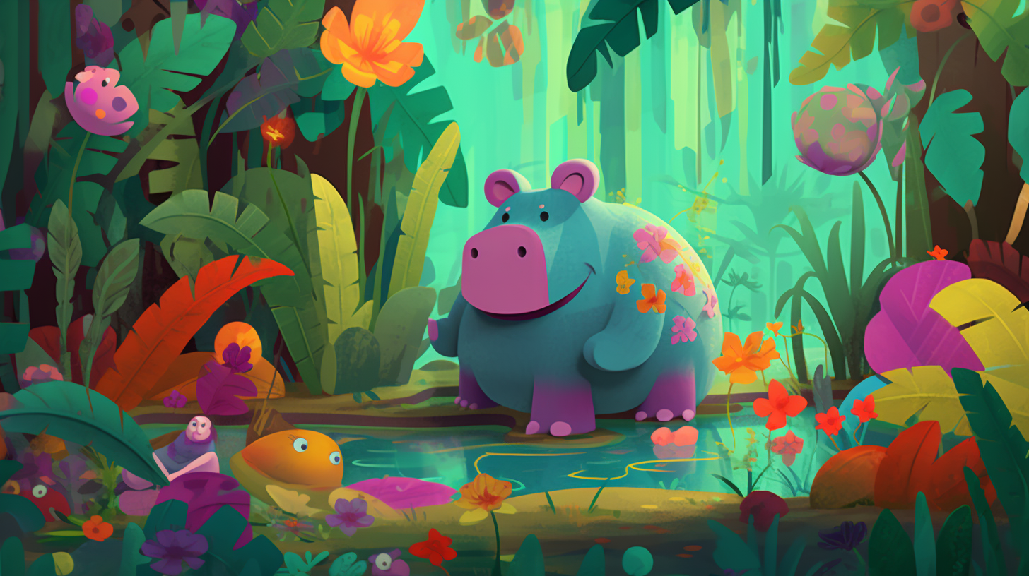 Friendly Hippopotamus in Vibrant Children's Game Jungle