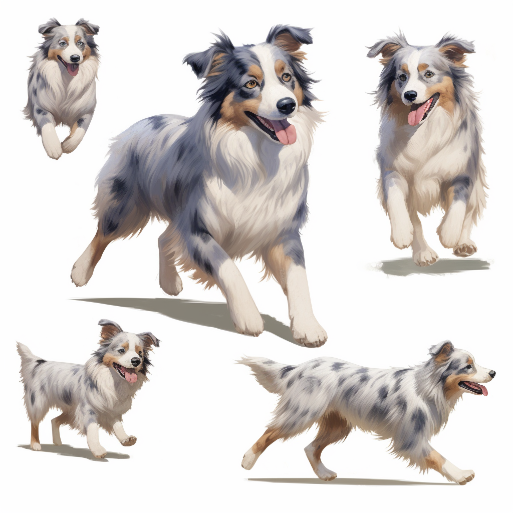 Blue Merle Australian Shepherd running in children's book illustration