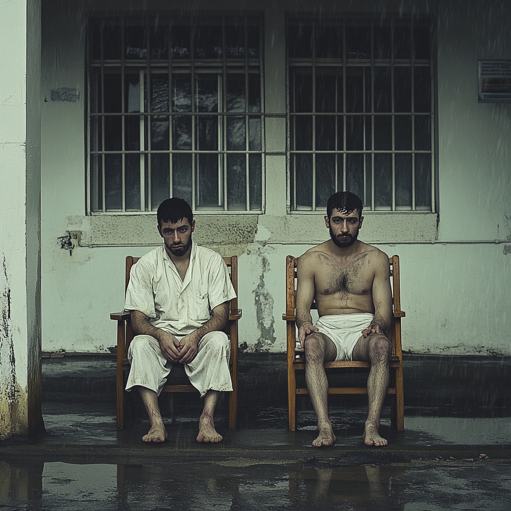 Chilean guys sitting in rain