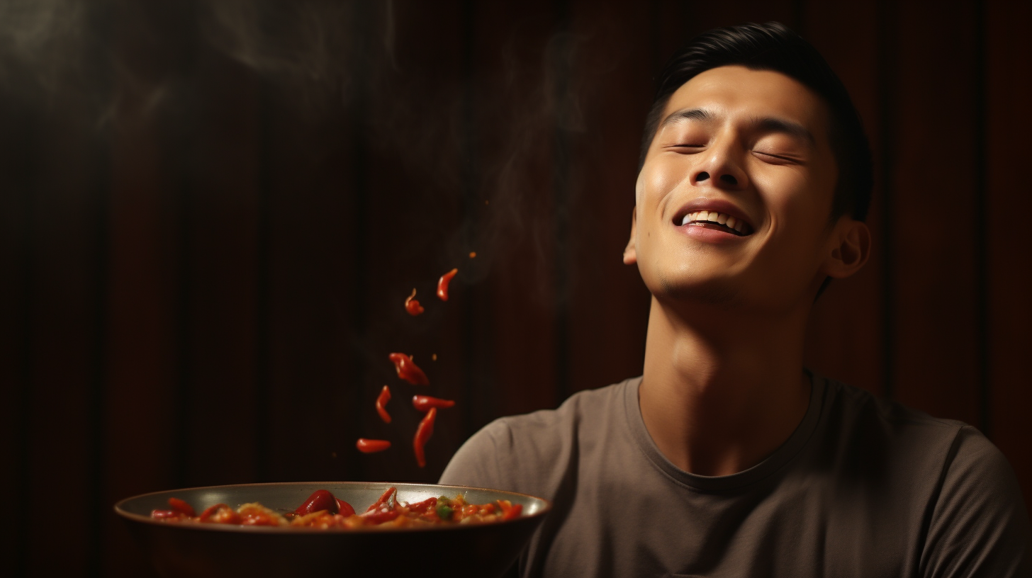 Excited young man tasting chili bean sauce