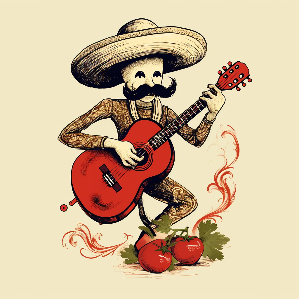 Sketch of a Mustached Chili Pepper Playing the Guitar