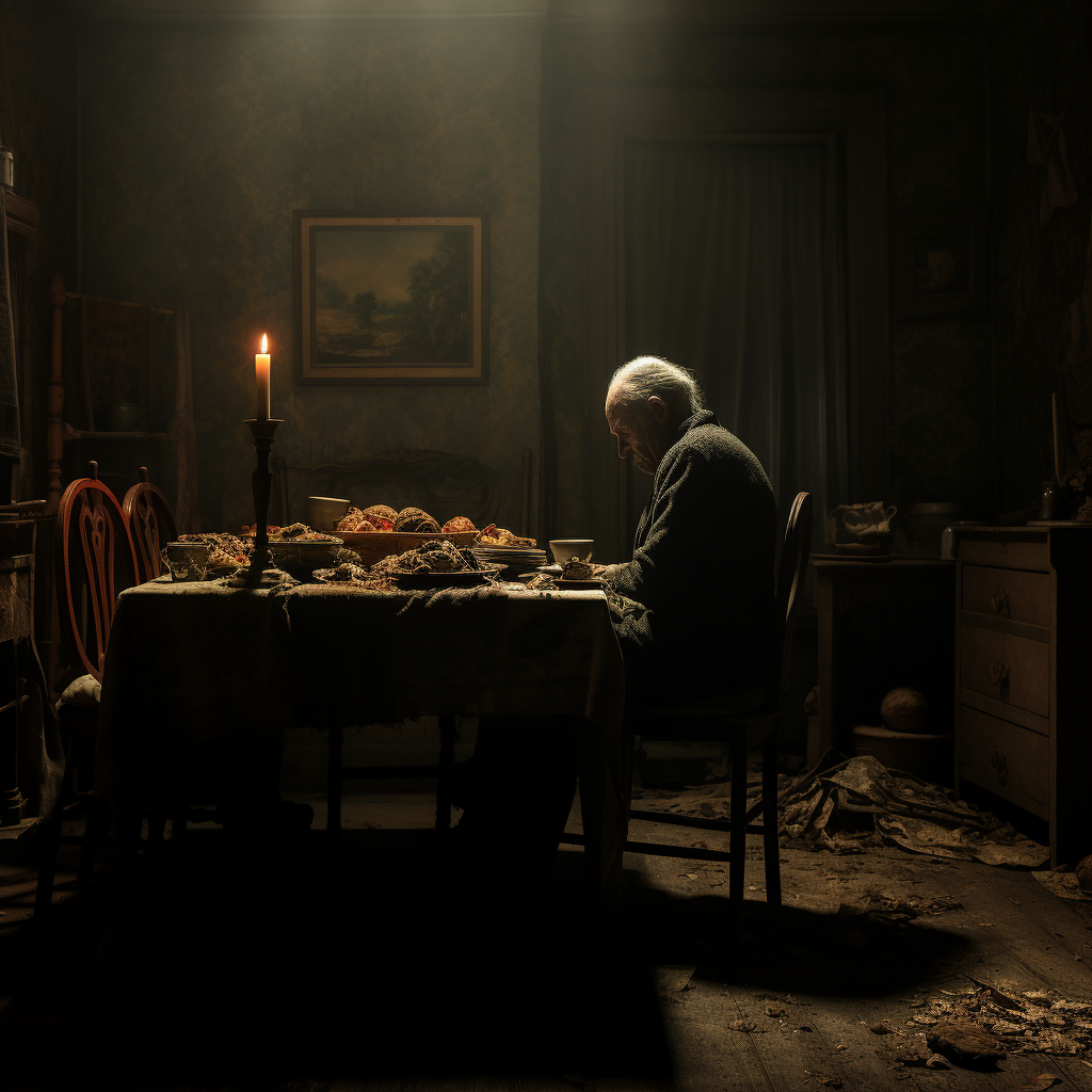 Southern Gothic dining room during stormy night