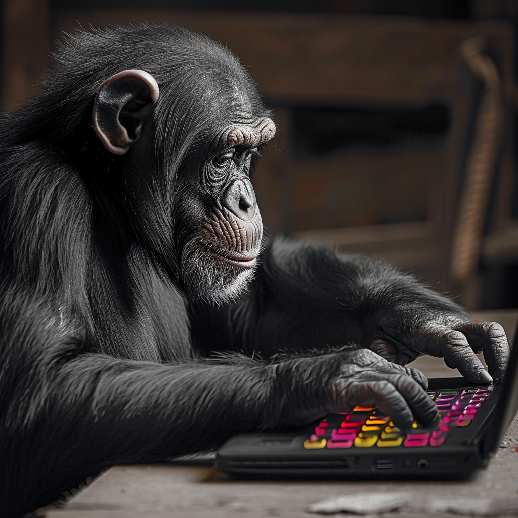 Chimpanzee working on laptop at desk