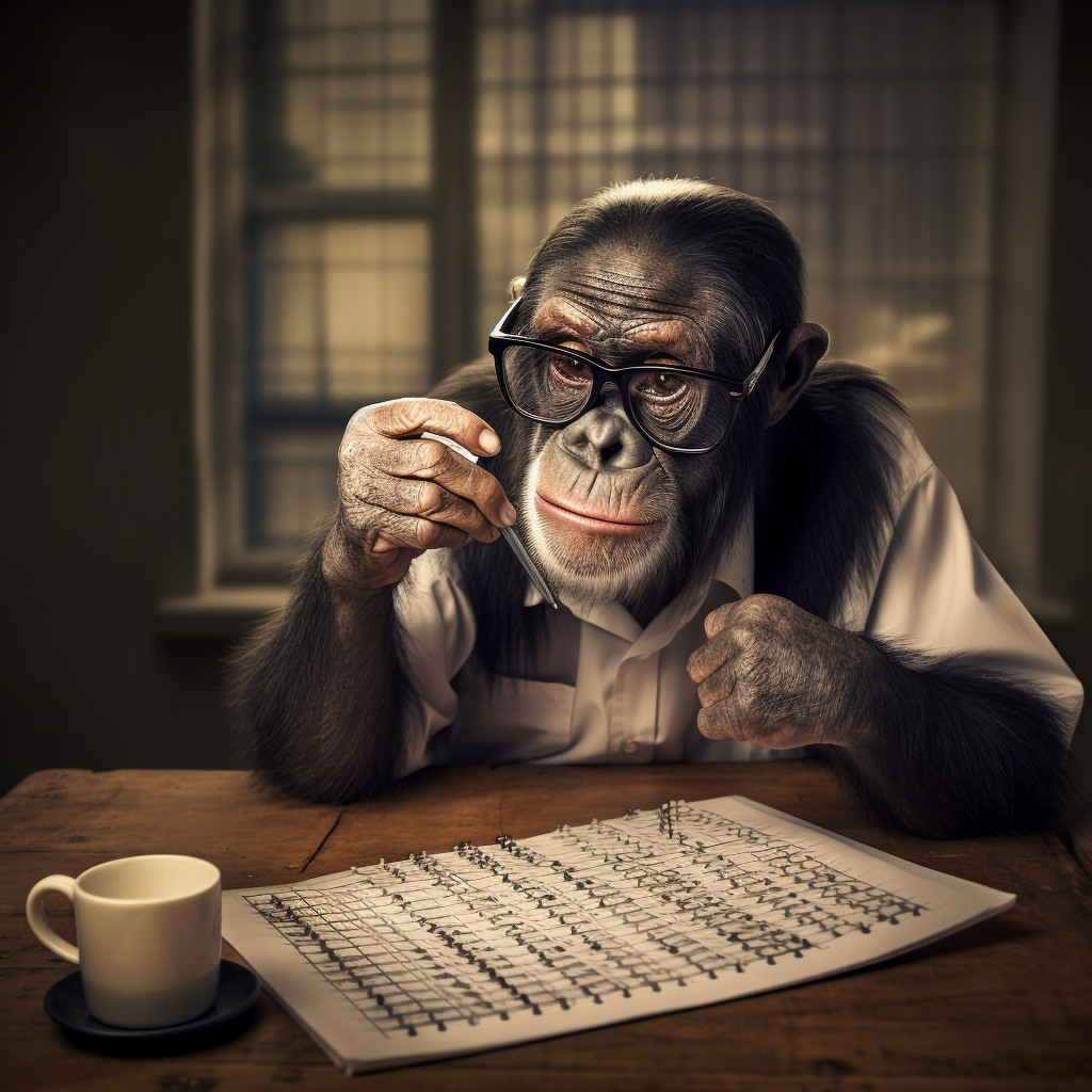 Clever chimp wearing glasses solving crossword puzzle