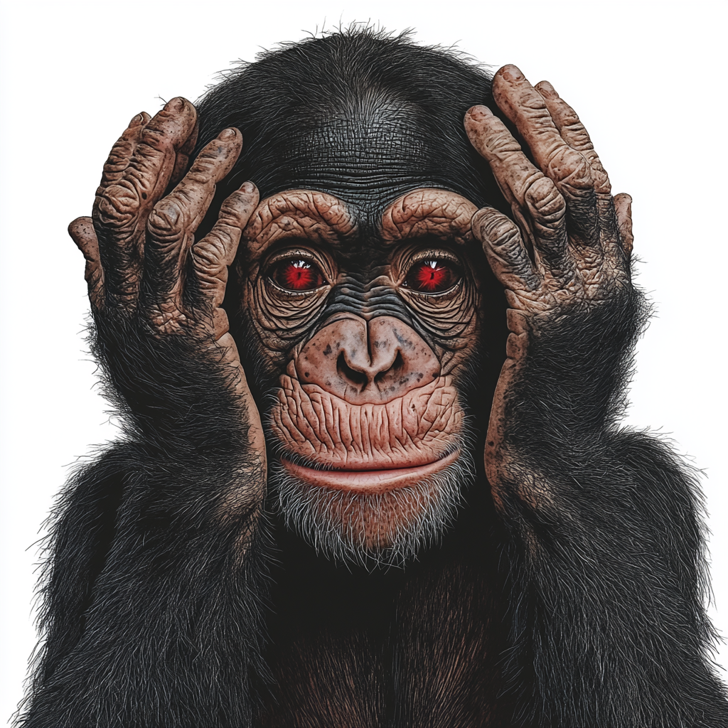 chimpanzee with red scar, realistic lighting, tattoo design