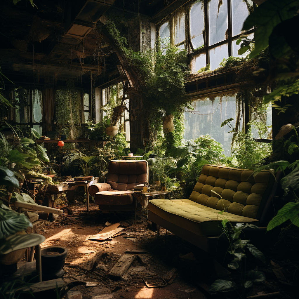 Abandoned residential building interior in China 2040