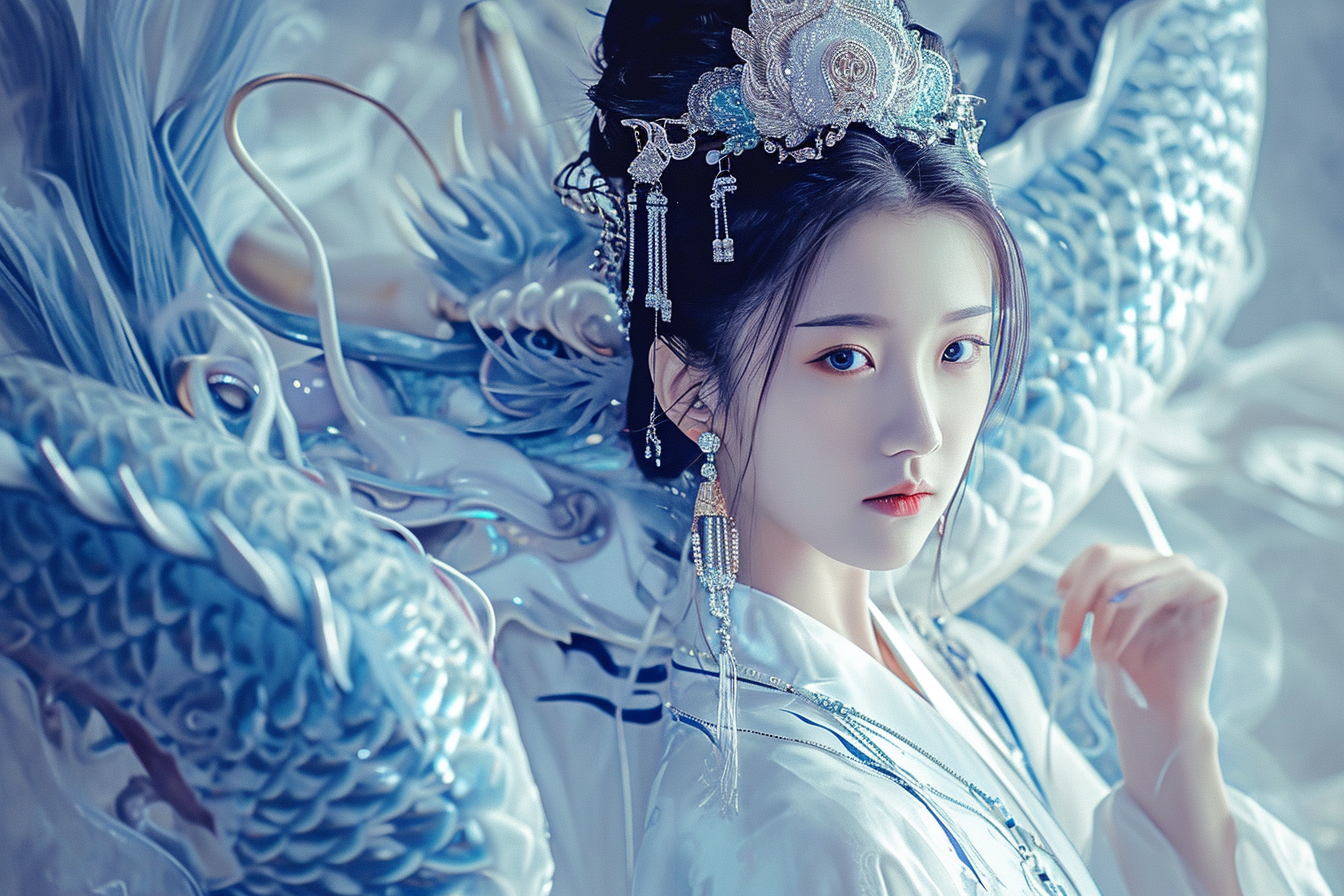 Chinese model in fashionable hanfu with dragon