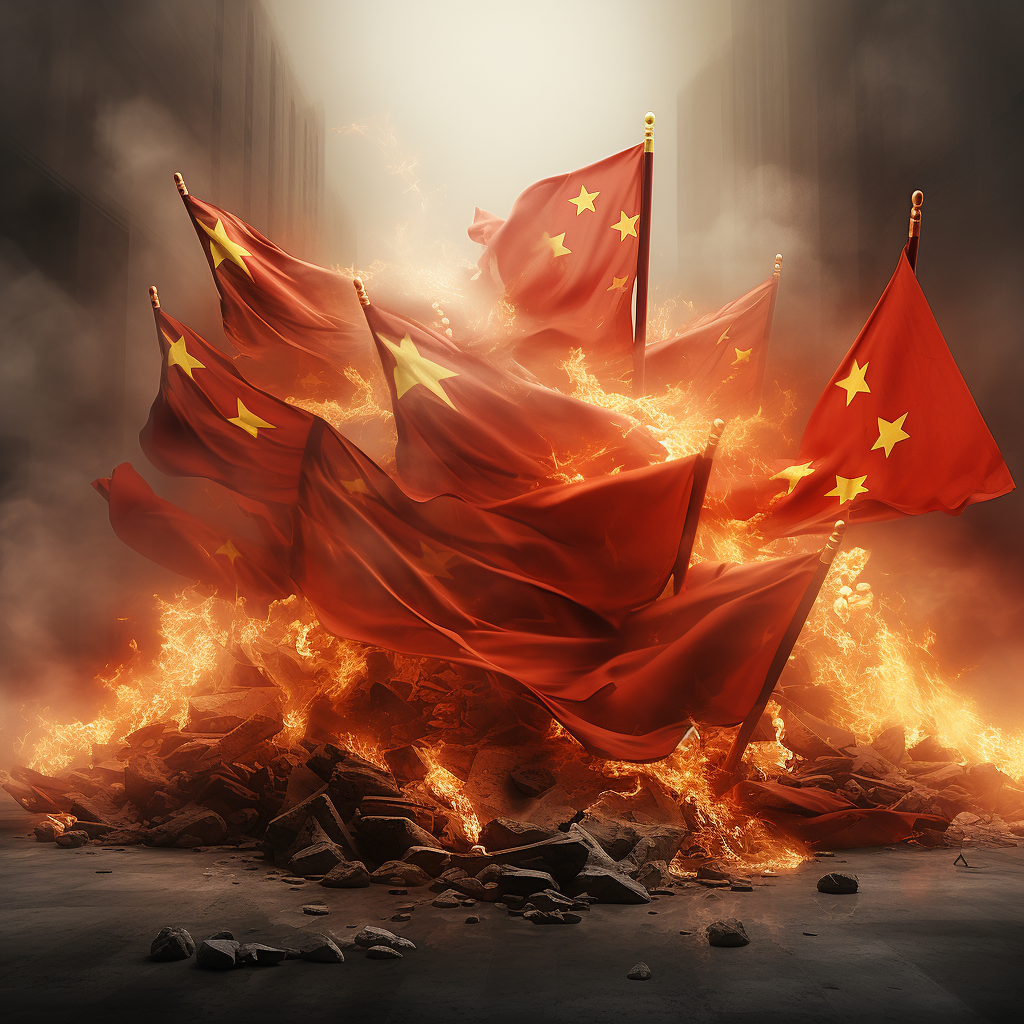 China economic slowdown with burning flags