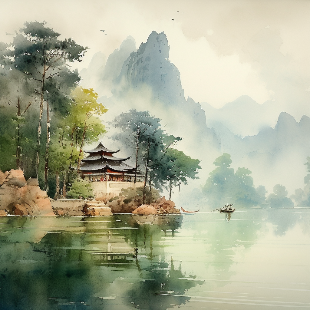 Serene watercolor painting of Chinese landscape