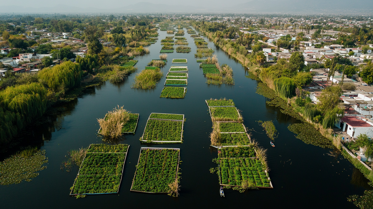 Diagonal view chinampa gardens canals