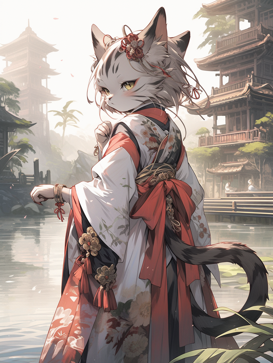 Chinese cat by river in ancient style