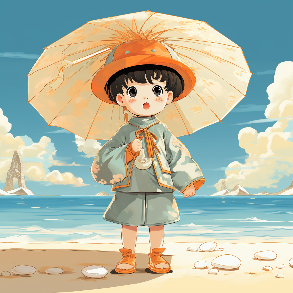 Chinese baby enjoying beach with sunscreen and umbrella