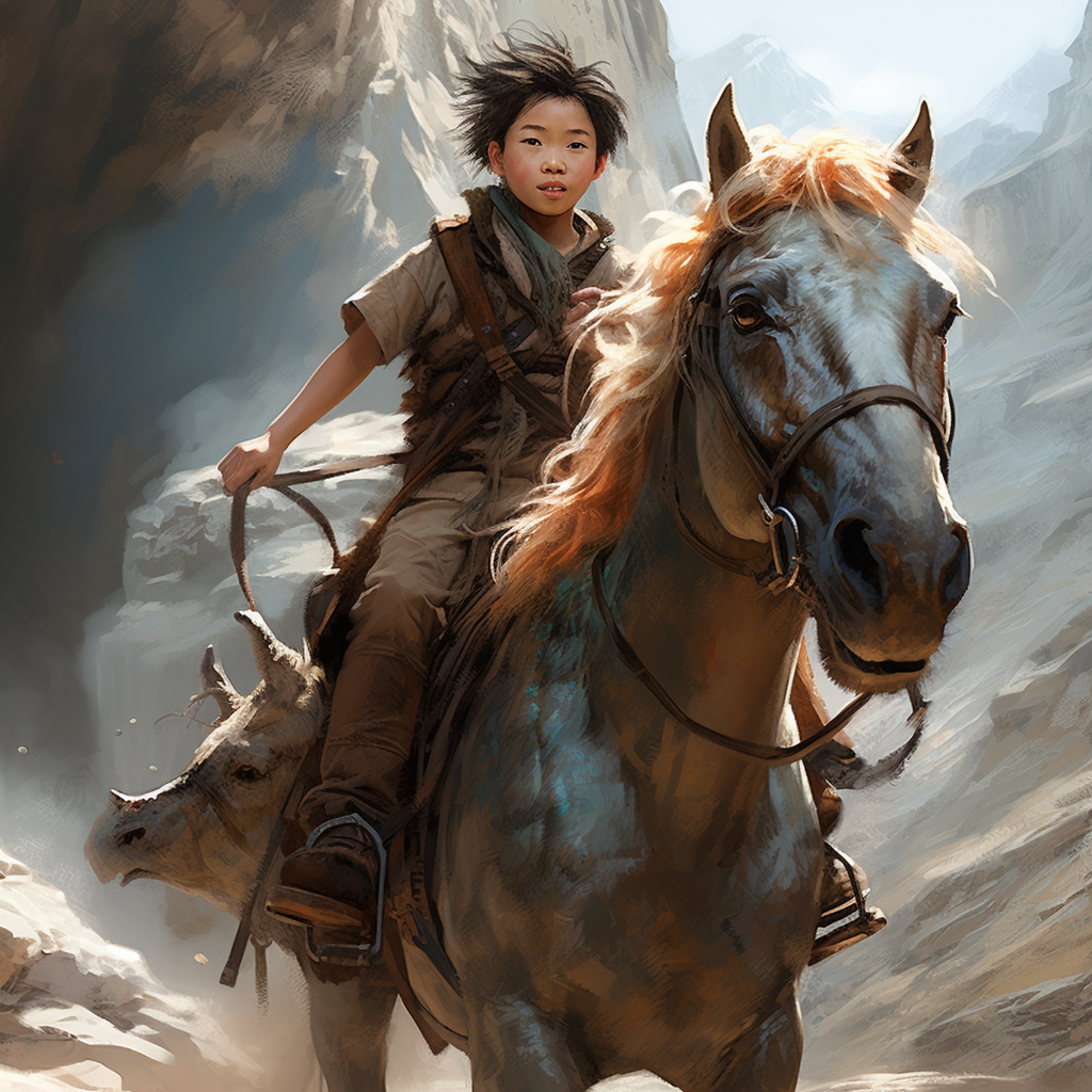 Chinese boy leading brown horse on mountain