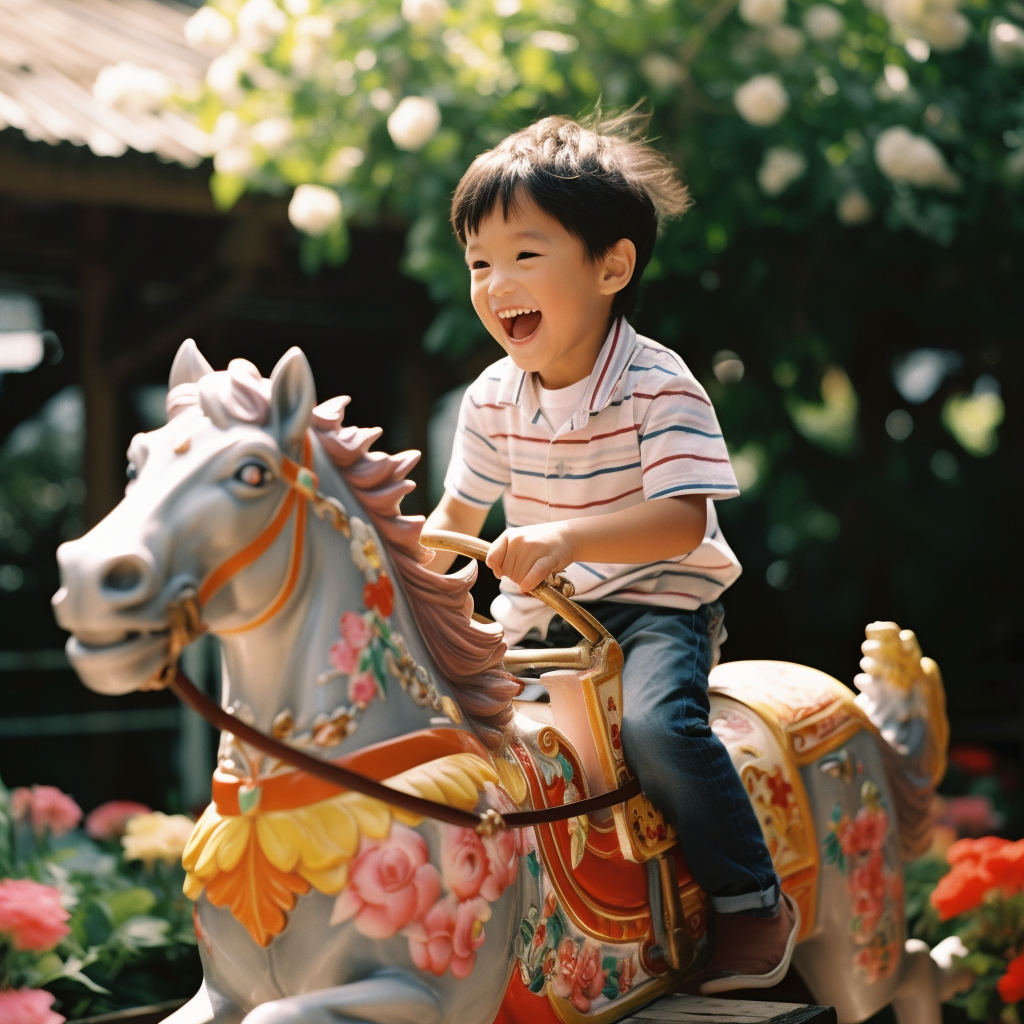 Young Chinese boy playing on wooden horse