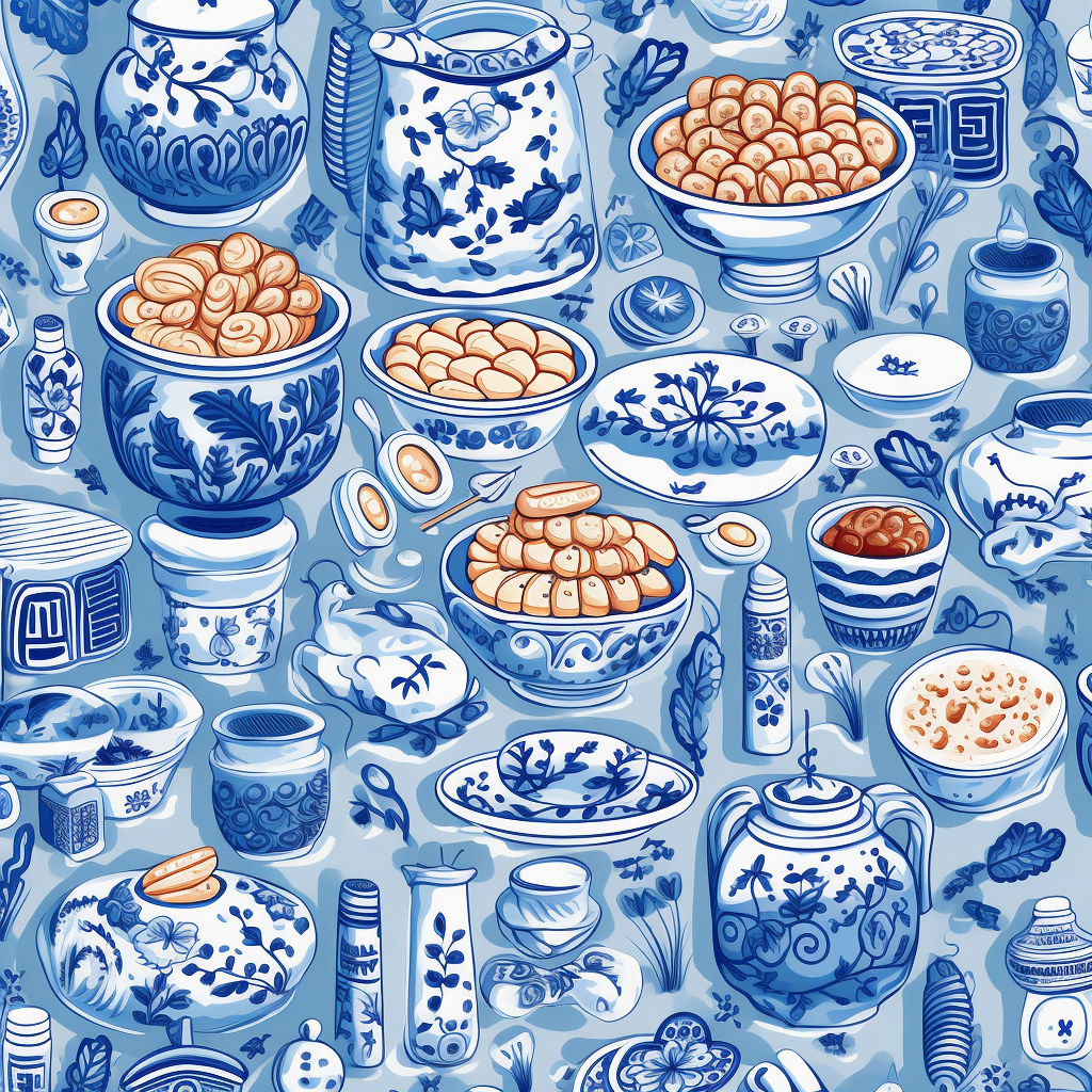 Cartoon characters made of food on Chinese ceramic pattern