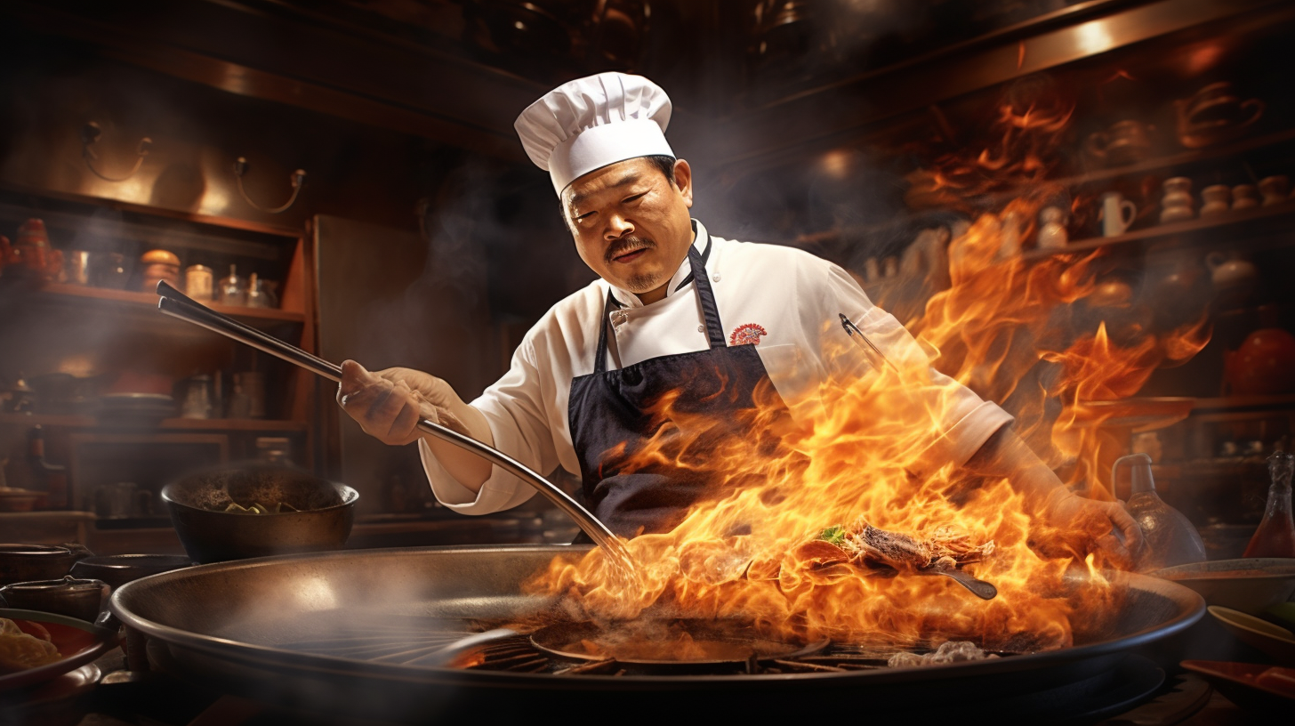 Chinese chef cooking with dramatic lighting