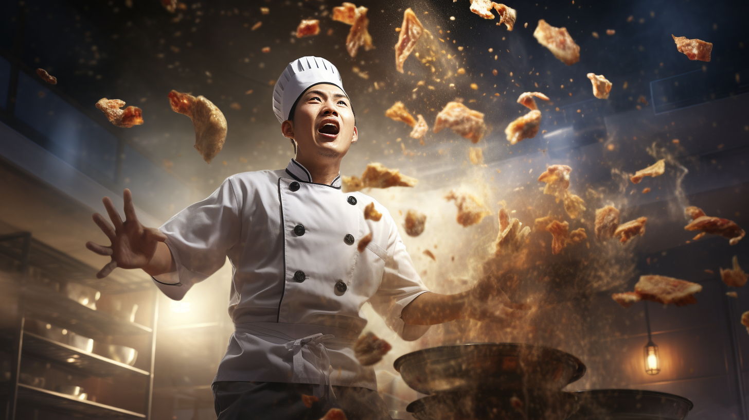 Young Chinese chef tosses food dramatically