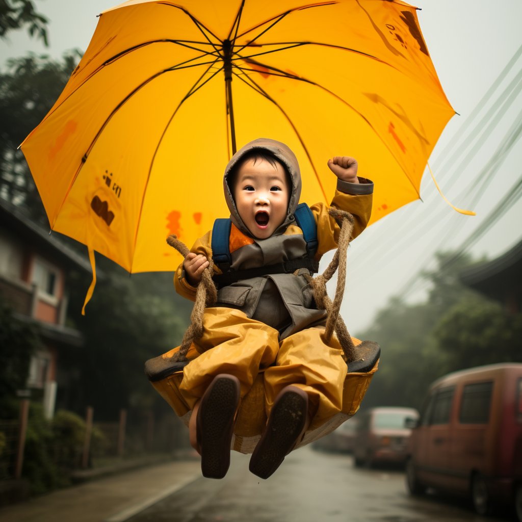 Chinese Child Flying with Umbrella