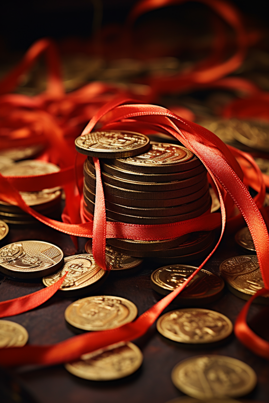 Chinese coins tied with red ribbon for feng shui