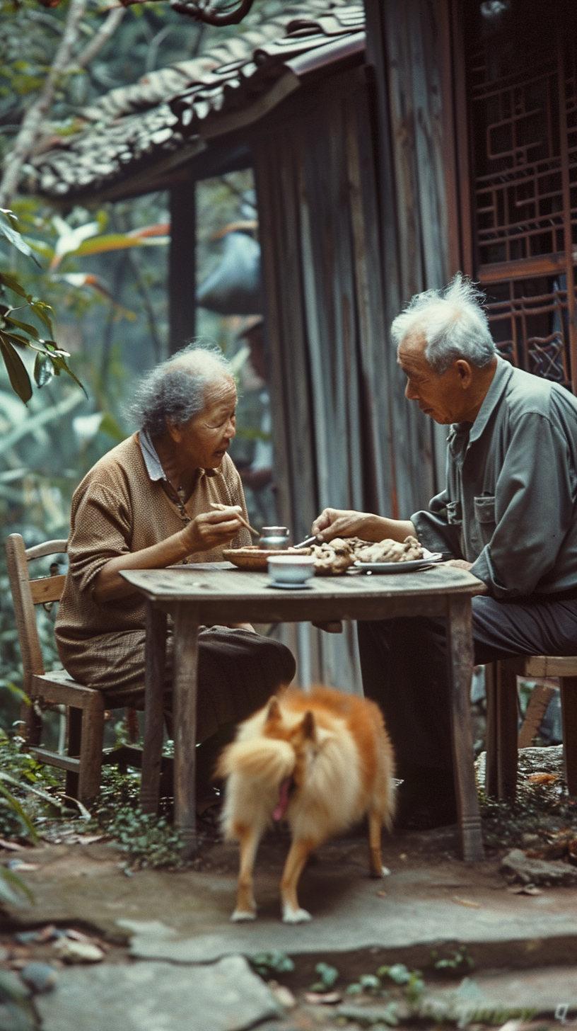 Elderly Couple Having Dinner Outdoors in Chinese Countryside