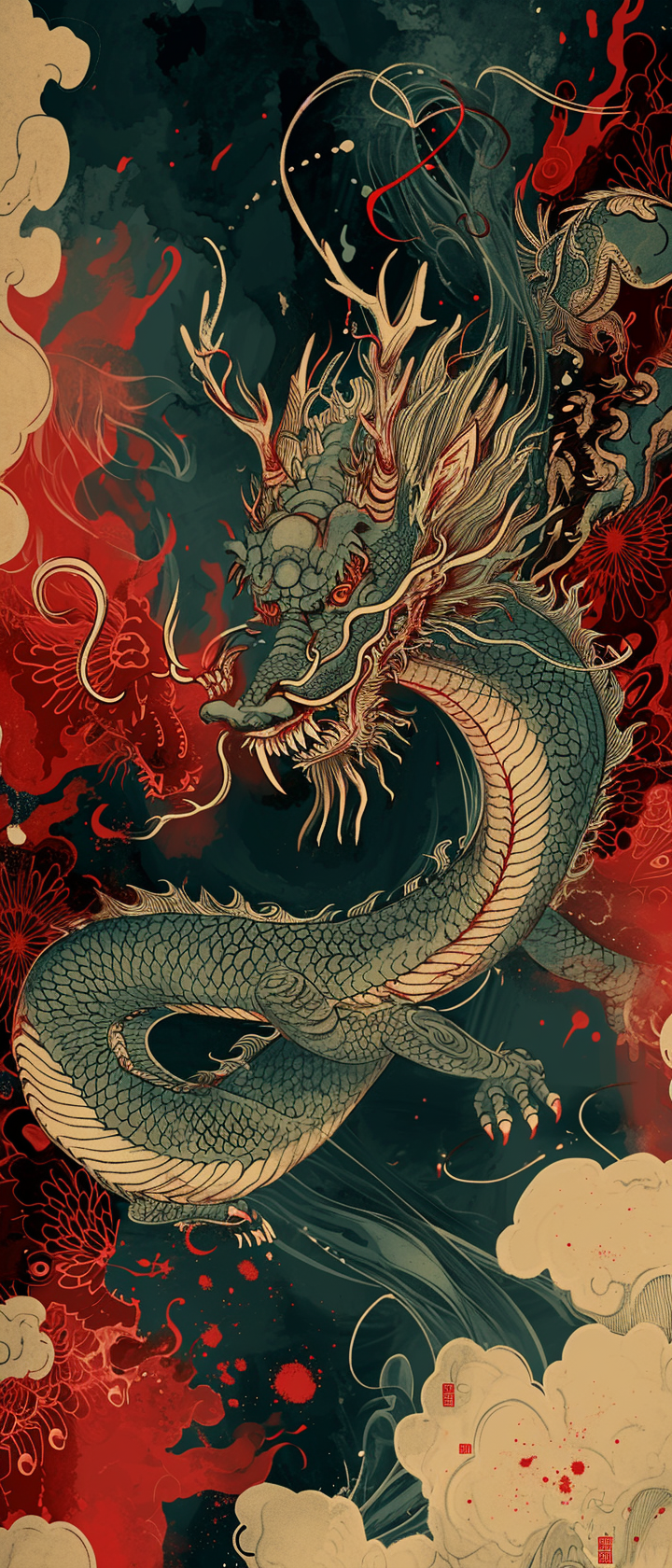 Chinese dragon in dark aquamarine and red