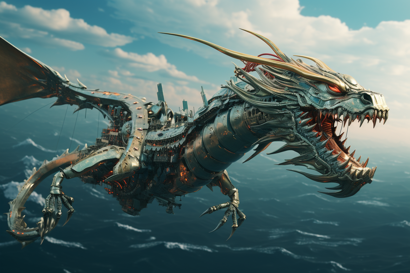 Cyberpunk Chinese Dragon Flying over Calm Sea