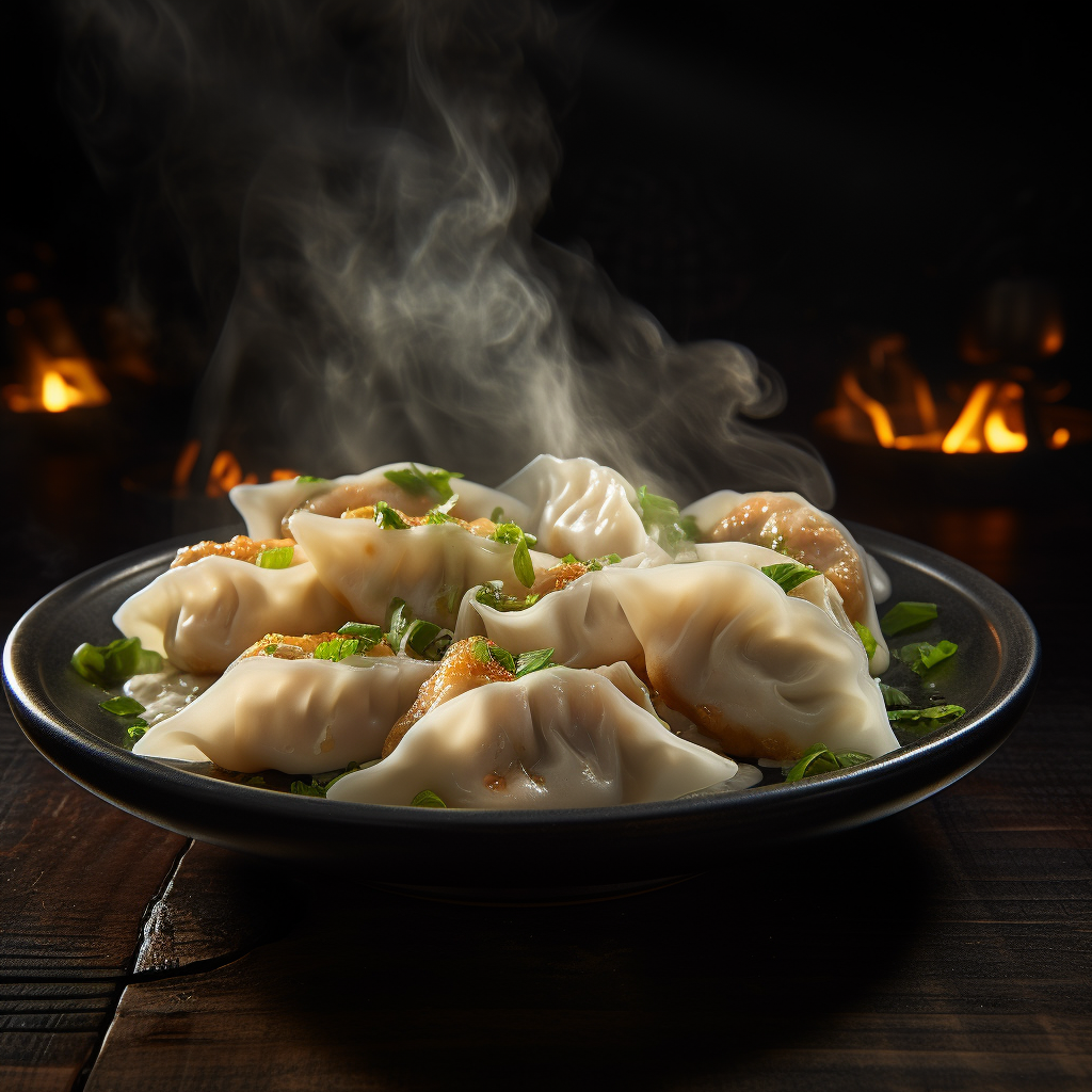 Steaming hot Chinese dumplings on white plate