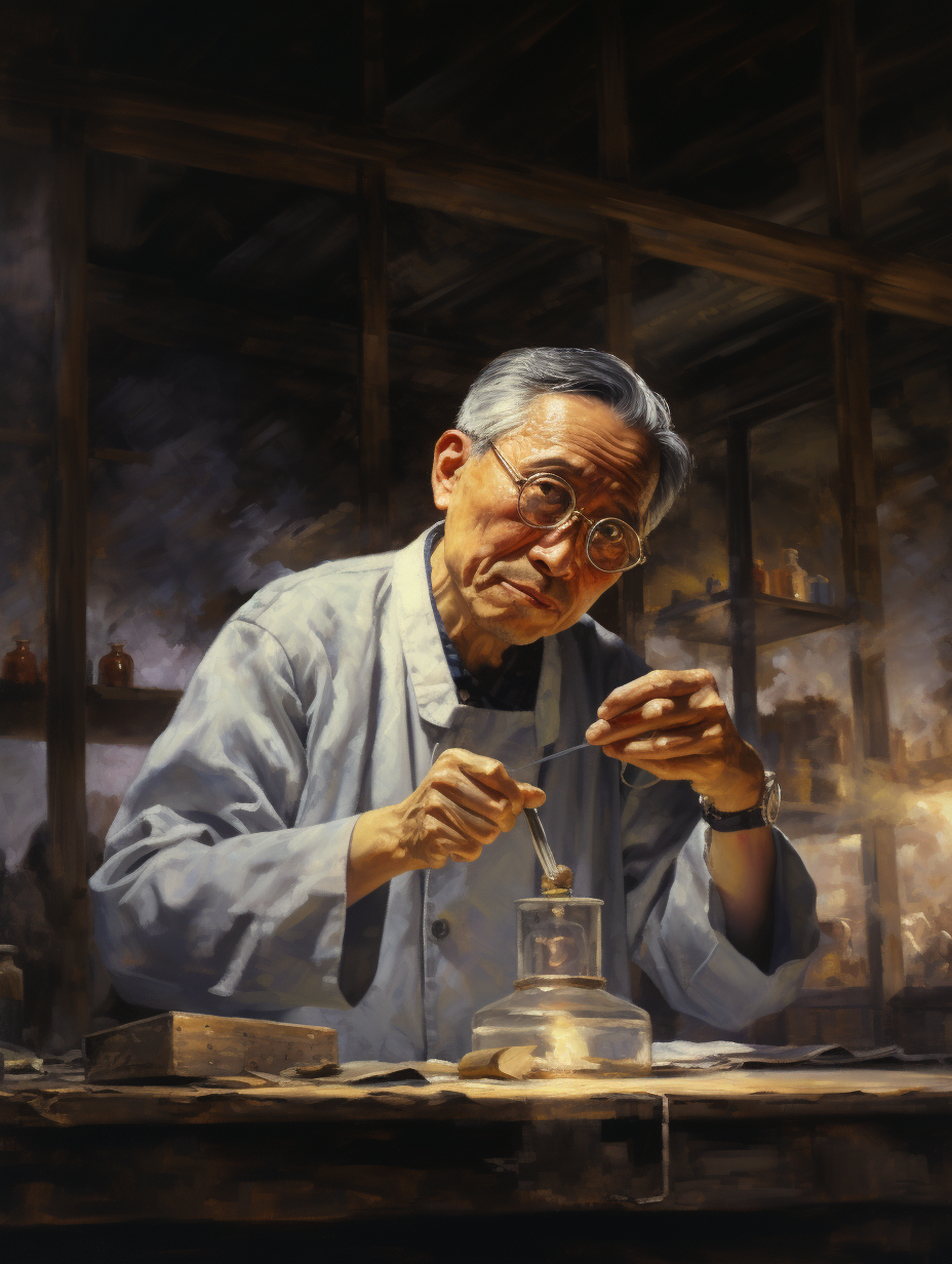 Elderly Chinese person in laboratory with stethoscope and glasses