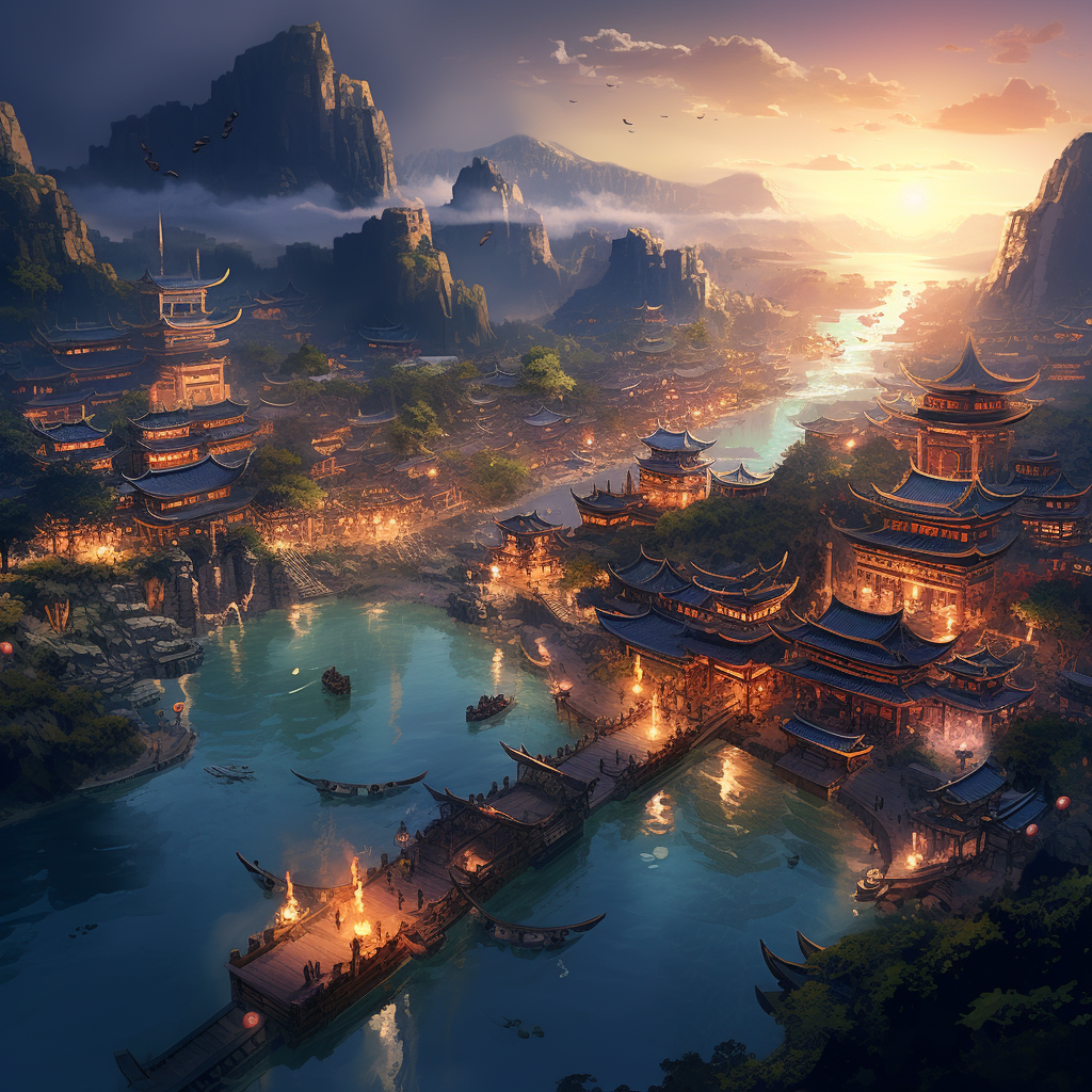 Chinese fantasy town with river