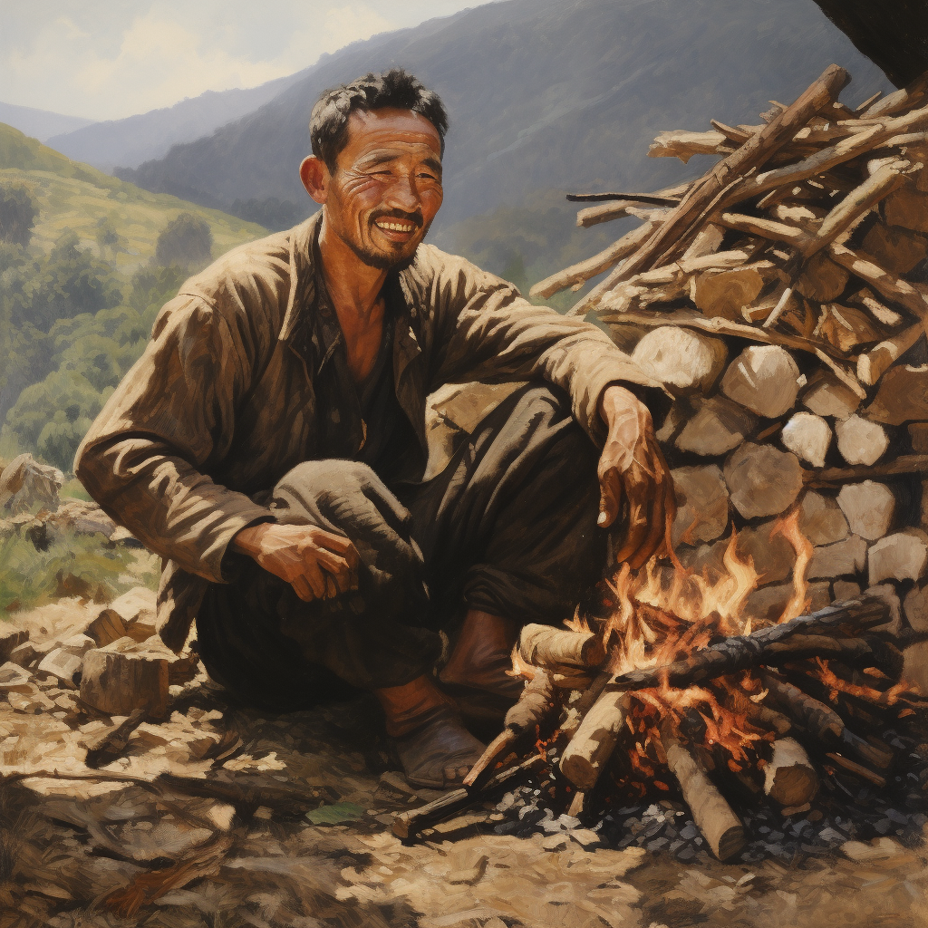 Ancient Chinese farmer making charcoal on Nanshan Mountain